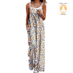 Women's Summer Boho Floral Print Wide-Leg Jumpsuit with Pockets